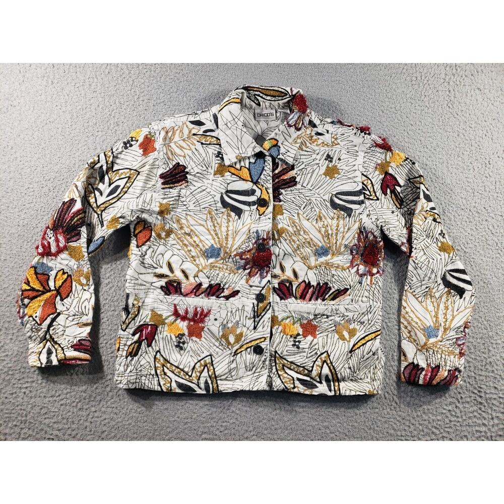 Chico's Blazer Women's 0 Floral Embroidered Button Up Denim Jacket Applique